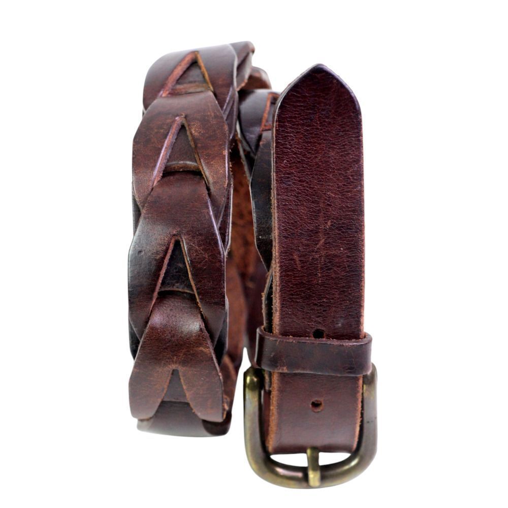 CLASSIC BRAIDED BROWN REAL LEATHER 1 1/4"WIDE DRESS CASUAL WOMEN'S BELT Sz S(79T